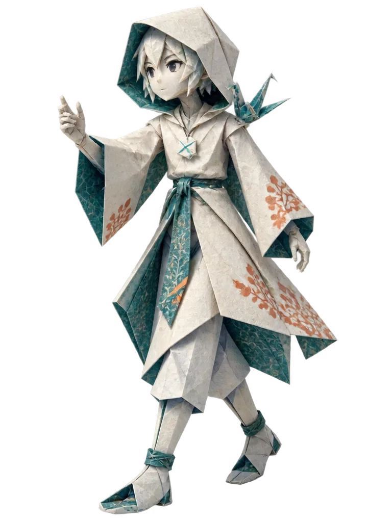 Wren, orang lipat dari washi putih bertudung teal, melangkah keluar dari rak dengan bangau kecil di bahunya.