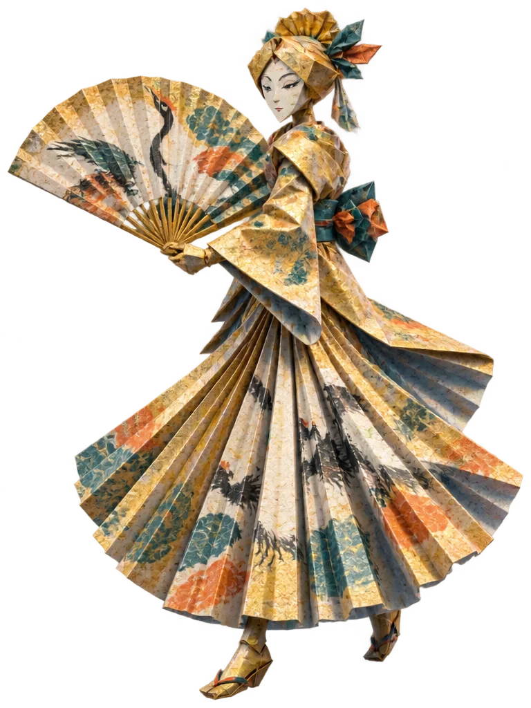Marigold, penjaga arena dari kertas emas, berputar dengan kipas lipat terbuka dan rok berlipit.